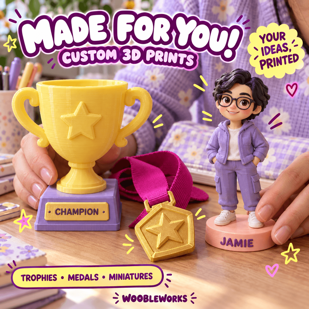 Custom 3D printing concept ad featuring a personalized trophy, medal, and miniature person figurine.