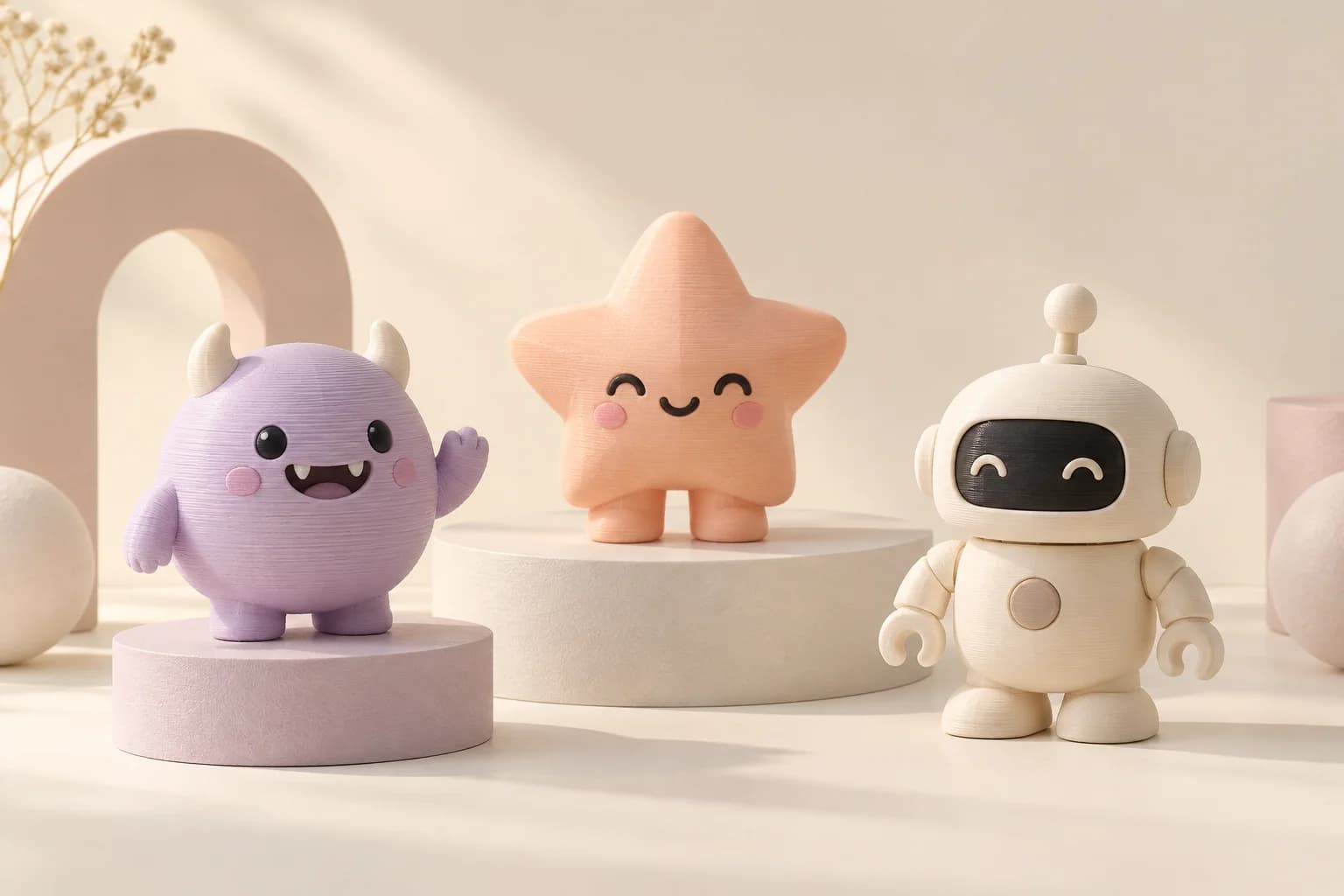 Sample lavender monster, peach star, and cream robot printed characters