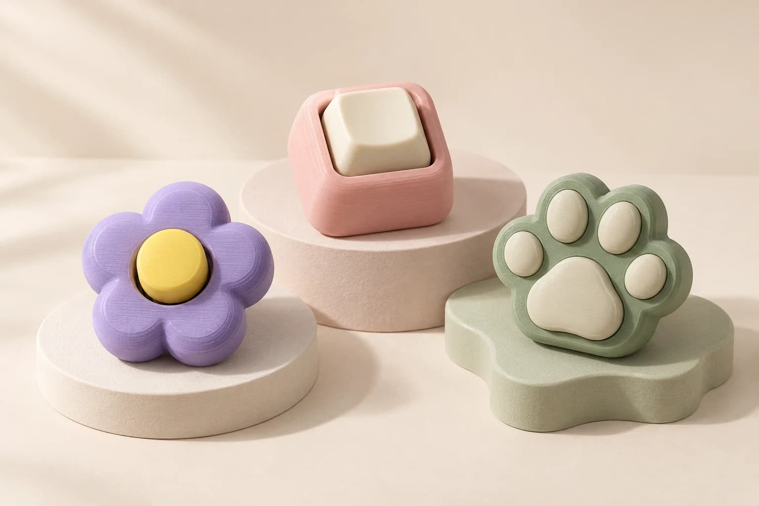 Sample lavender flower, blush keycap, and sage paw 3D printed clickers