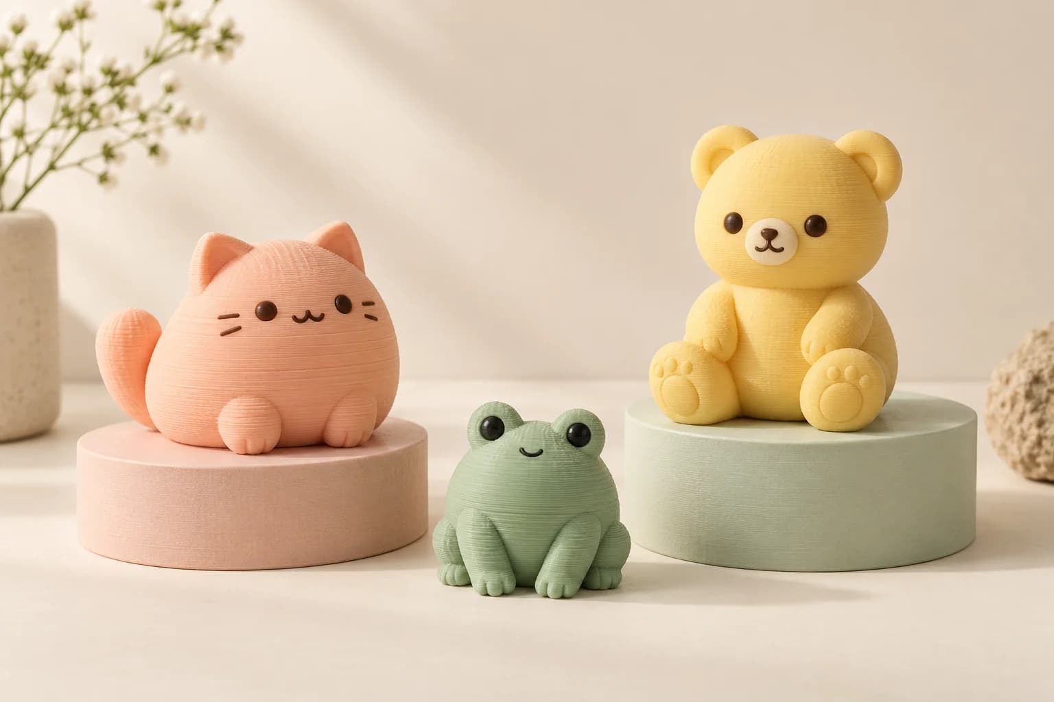 Sample peach cat, sage frog, and yellow bear printed animal figurines