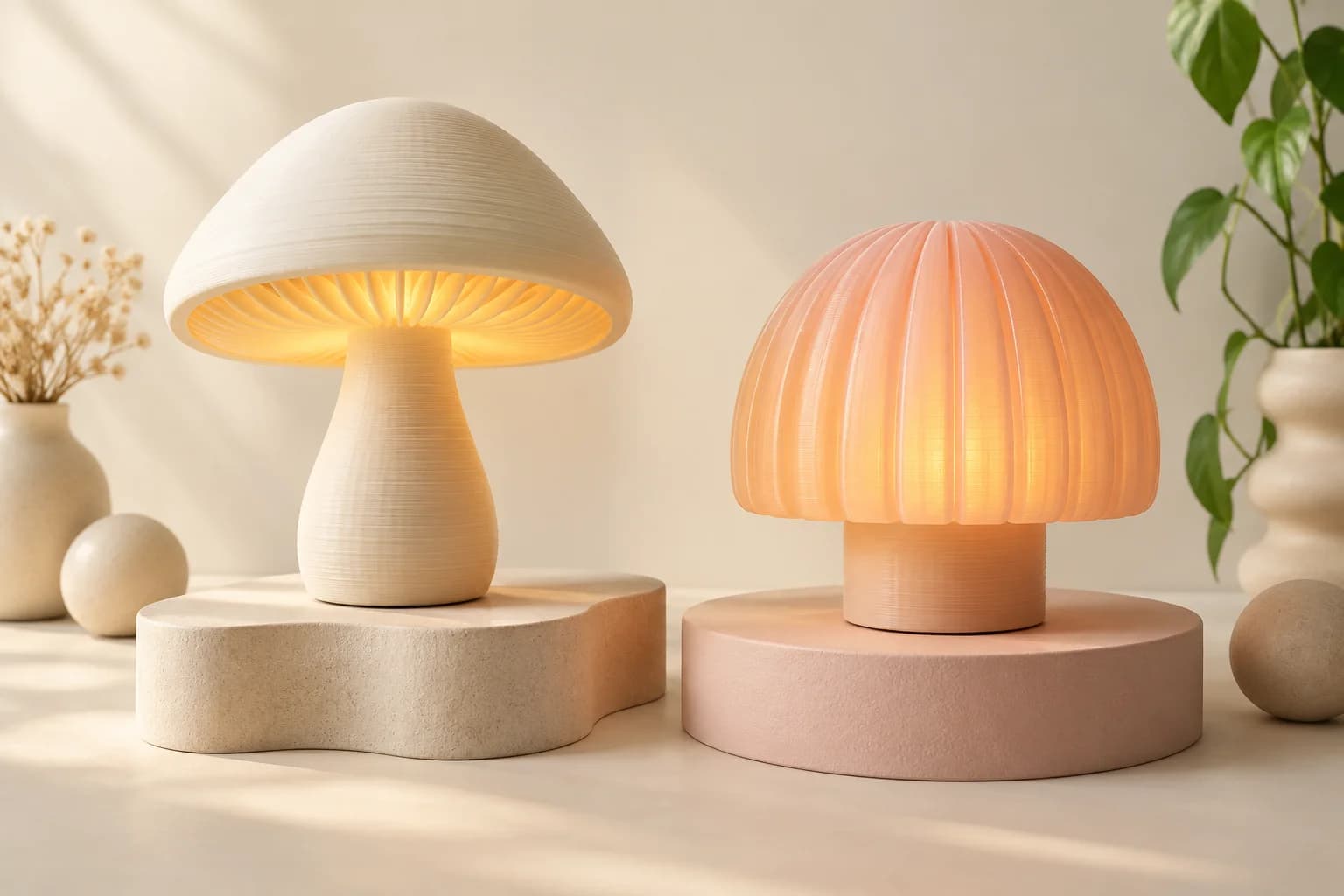 Sample cream mushroom lamp and peach ribbed lamp with a warm glow