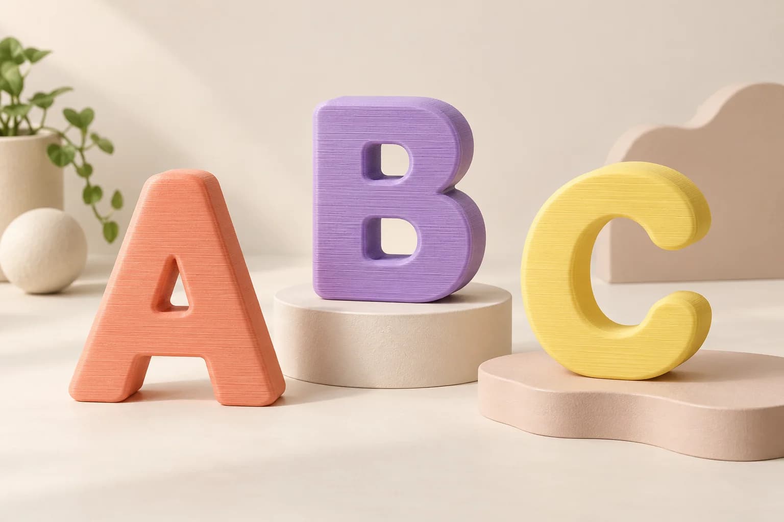 Sample freestanding peach A, lavender B, and yellow C printed letters