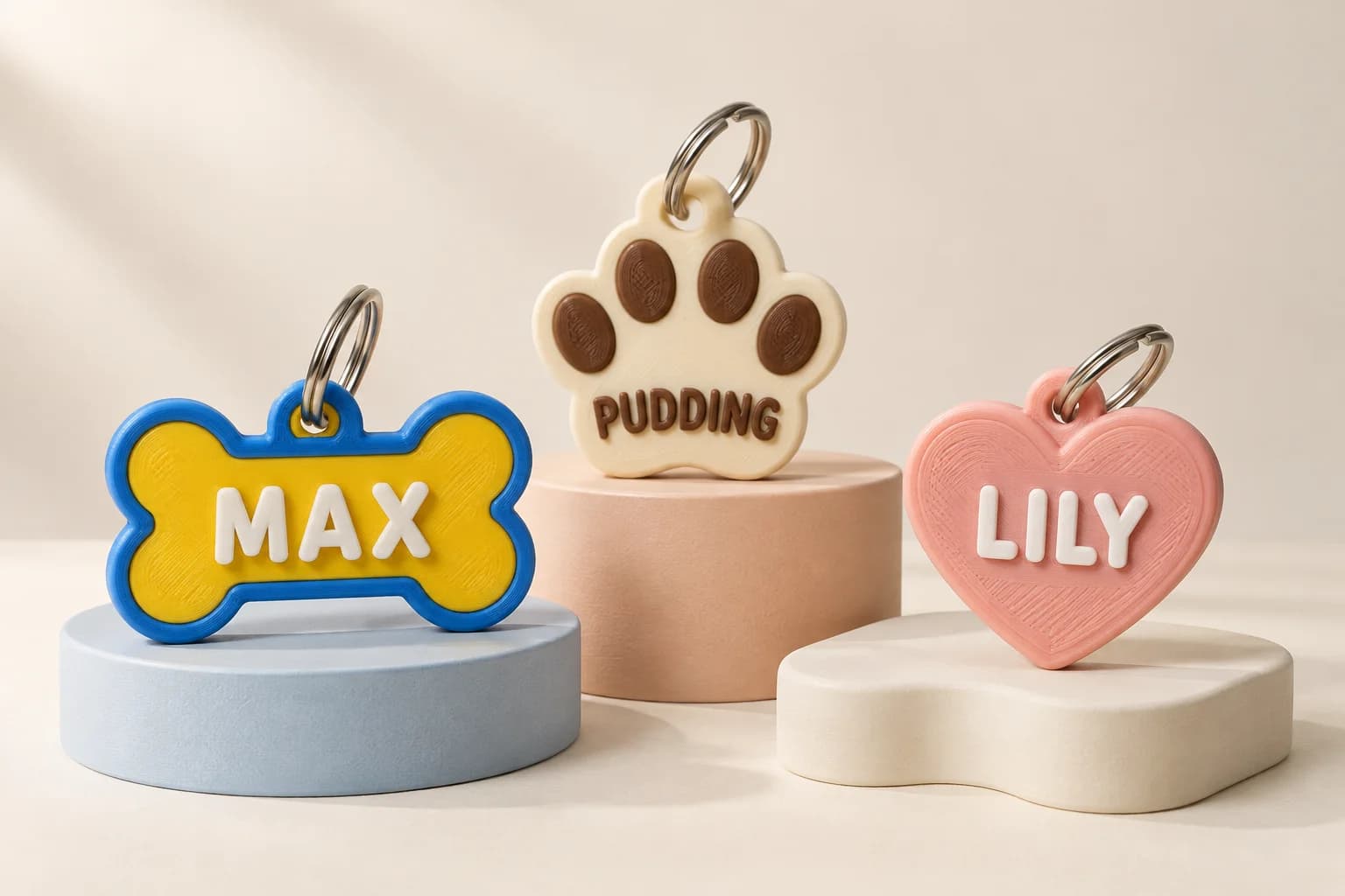 Sample personalized bone, paw, and heart pet tags