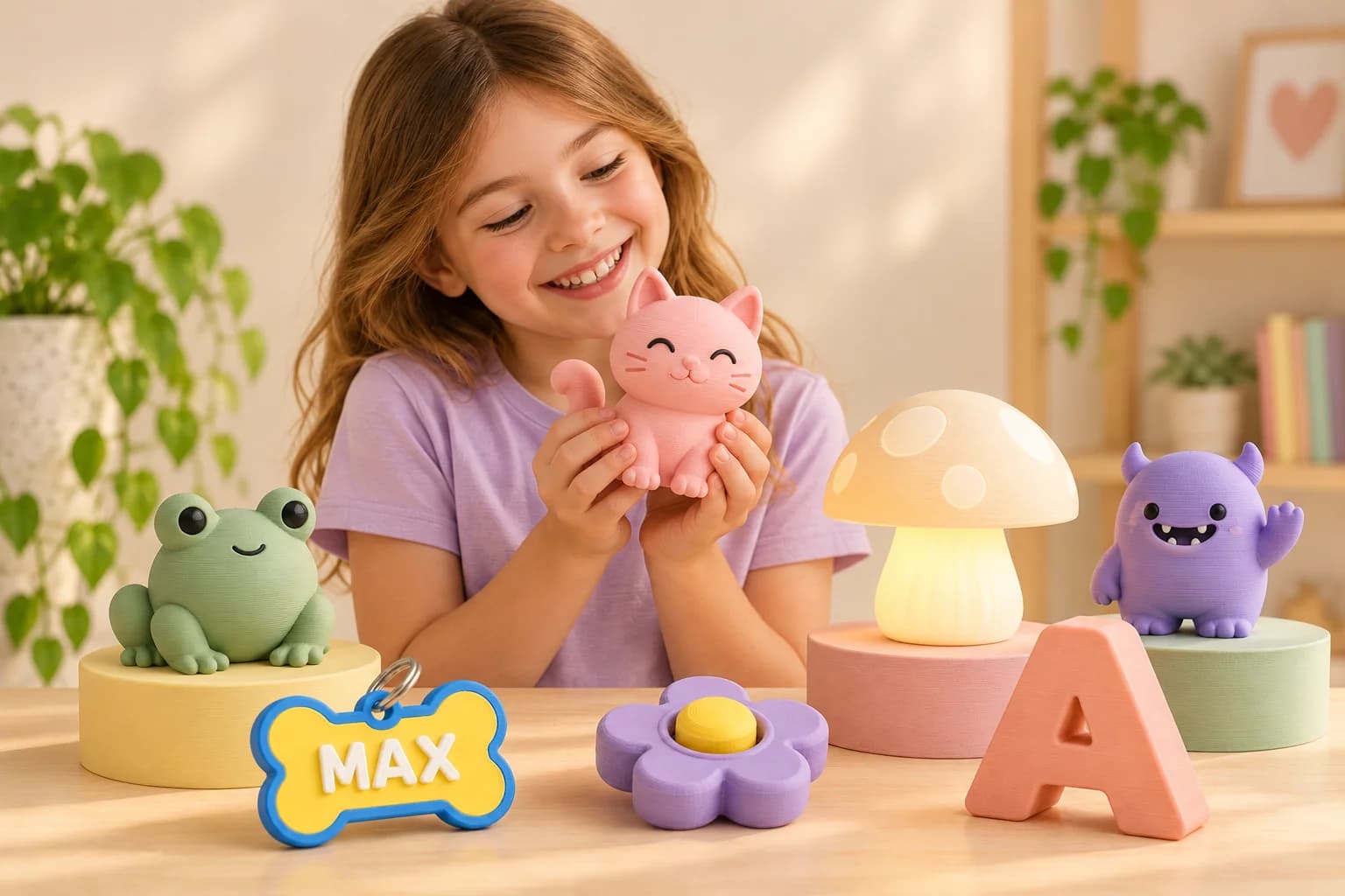 Smiling child holding a pink printed cat with sample WoobleWorks pet tag, clicker, letter, animal figures, and lamp displayed on a table